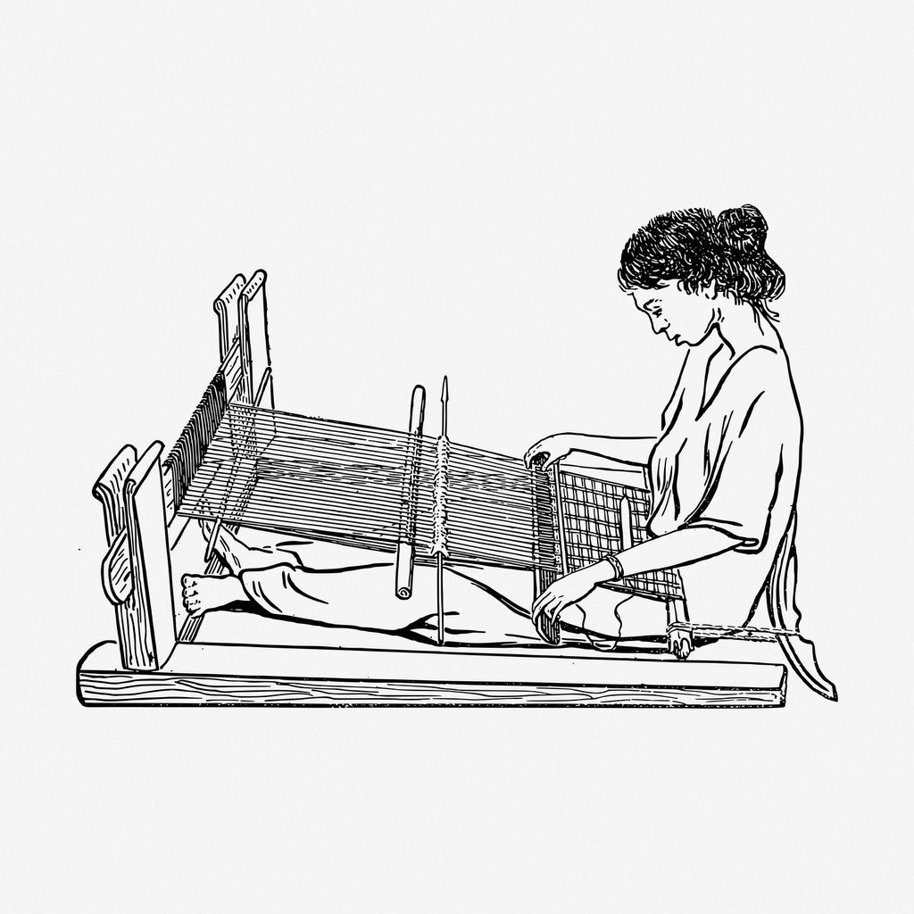 A drawing of a weaver working at a traditional loom